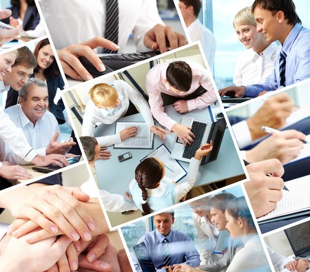 Collage of different image with business people during work 