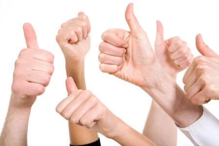Line of group of human fists keeping thumbs up  の写真素材