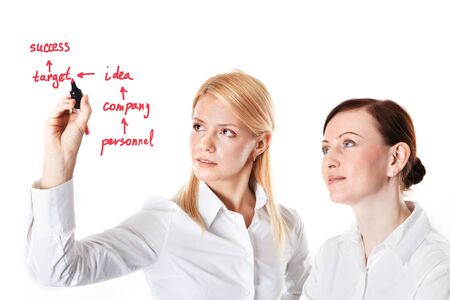 Two businesswomen drawing success scheme の写真素材