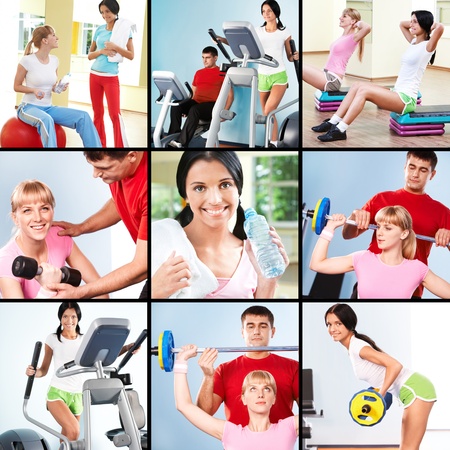 Collage of images young people exercising in gym の写真素材