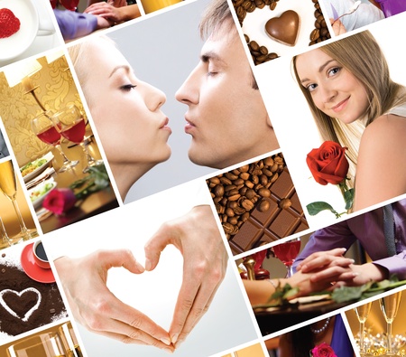 Collage compiled of hearts and love symbols の写真素材