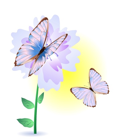 Vector illustration of blue flower with two butterflies のイラスト素材