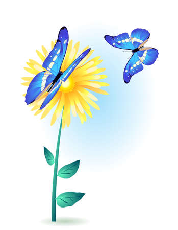 Painting card of yellow flower with blue butterflies のイラスト素材