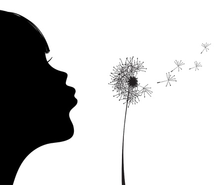 illustration of silhouette of girl blowing to dandelion  のイラスト素材