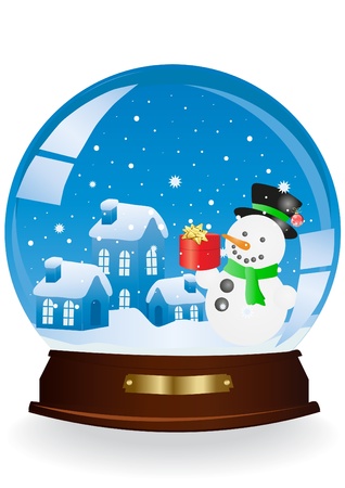 Vector illustration of Christmas houses and snowman in a sphereのイラスト素材
