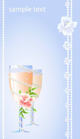 Wedding card of two flute of champagne with flowers のイラスト素材