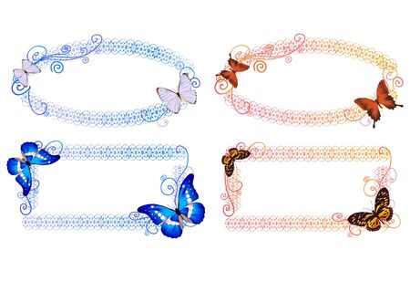 Set of four frames with flowers and bright butterfliesのイラスト素材