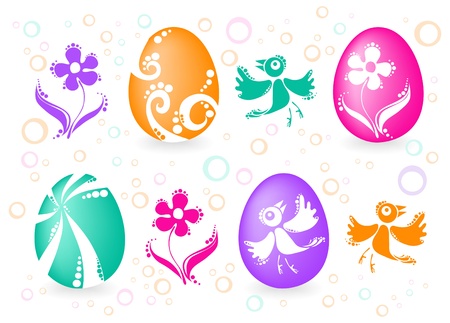 illustration of four easter eggs with birds, flowers, bubblesのイラスト素材
