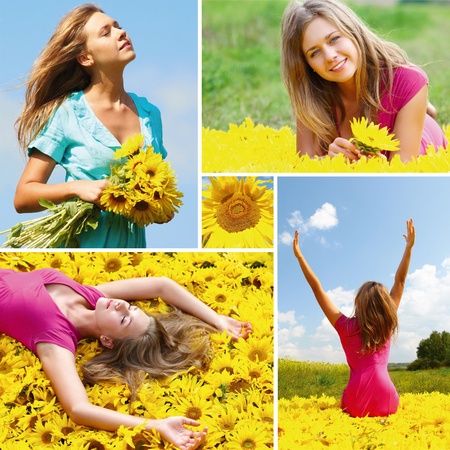 Collage made of photos with woman among sunflowers の写真素材