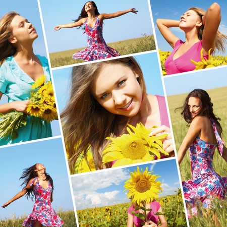 Collage made of photos with beautiful woman among sunflowersの写真素材