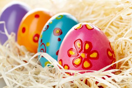 Row of colored and decorated Easter eggs