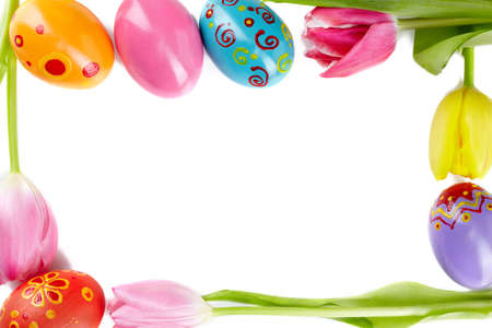 Frame made up of tulips and Easter eggs