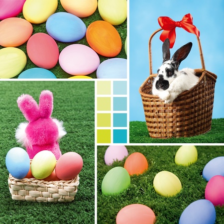 Collage of Easter eggs on green grass and rabbits in basketの写真素材