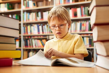 Portrait of interested schoolkid reading book in the libraryの写真素材