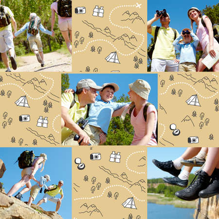 Collage of family members on vacation の写真素材
