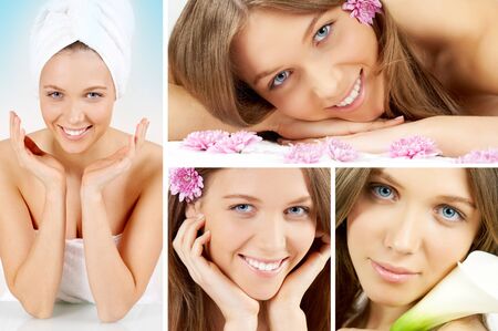 Beautiful girl with flowers looking at camera during spa proceduresの写真素材