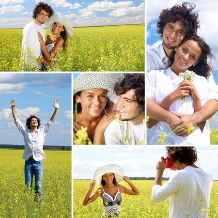Collage of a couple in summer fieldの写真素材