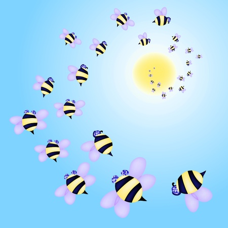 Vector illustration of swarm of bees flying to the sun のイラスト素材