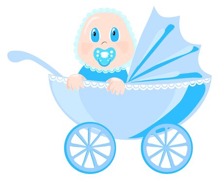 Baby in blue wear sits in pram illustrationのイラスト素材