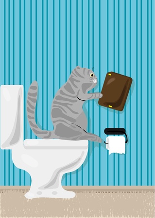 illustration of cat reading book over toiletのイラスト素材