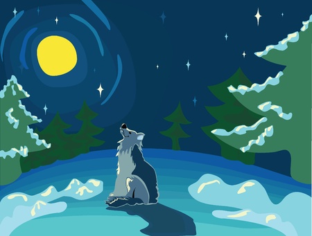 Tree with evening balls in the forest at night, illustration  