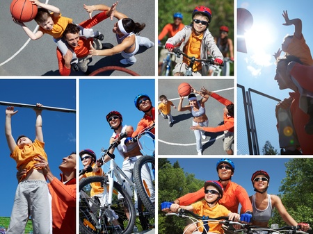 Collage of happy family on bicycles and playing with ball outdoorsの写真素材