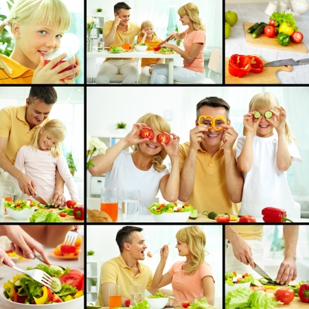 Collage of happy family vegetarians cooking and having breakfast の写真素材