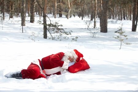 Santa Claus sleeping in winter woodの写真素材