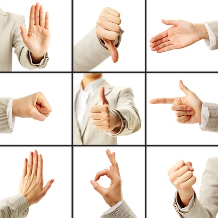 Collage of female hand showing different gesturesの写真素材