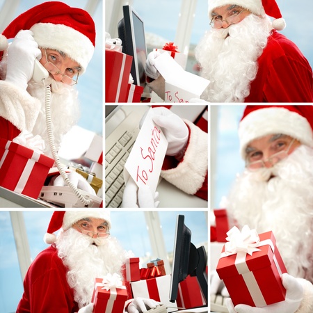 Collage of busy Santa Claus preparing for Christmas and looking at cameraの写真素材