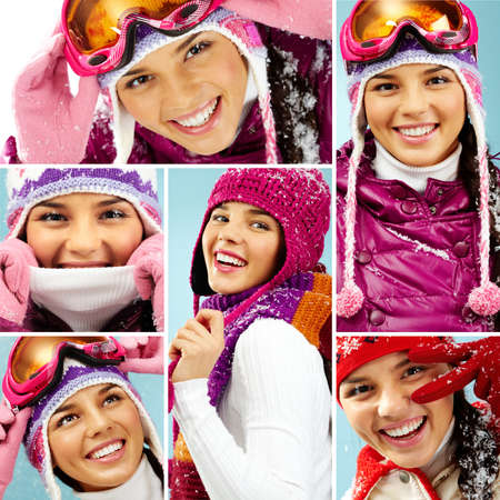 Collage of beautiful young woman in winter clothes smiling