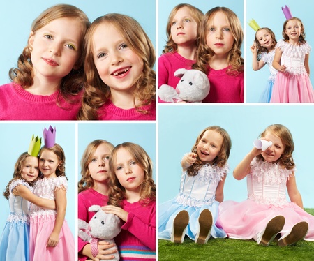 Collage of smart twin girls in beautiful dressesの写真素材