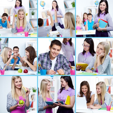 Collage of students at college learning and eatingの写真素材
