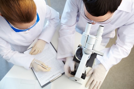 Overview of two scientists working togetherの写真素材