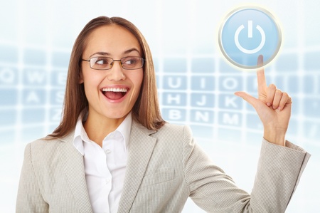 Creative photo of happy businesswoman pressing set on button