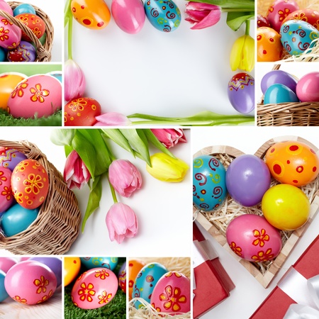 Eggs colored for Easter with spring flowers and decorationsの写真素材