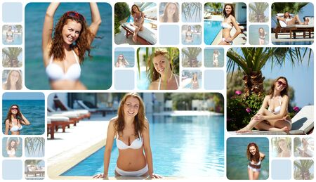 Collage of happy young woman at summer resortの写真素材