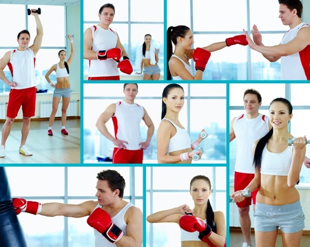 Collage of young people doing physical exercises and practicing boxingの写真素材