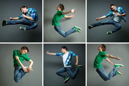 Collage of skilled guy jumping high in various posesの写真素材