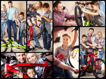 Collage of image of happy family in garageの写真素材