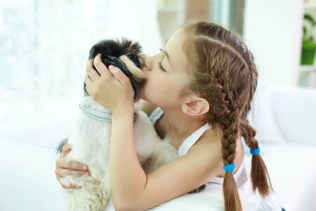 Portrait of happy girl kissing shih-tzu dog at homeの写真素材