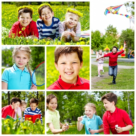 Collage of cute children having rest in summer の写真素材