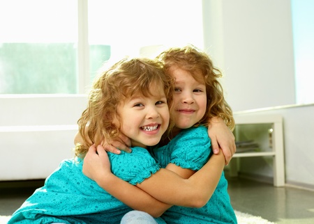 Portrait of cheerful twin sisters hugging and smiling at camの写真素材