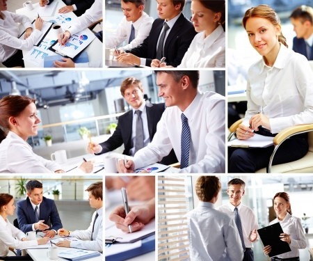 Collage of business people during workの写真素材