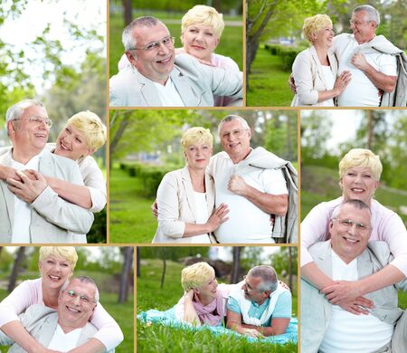 Collage of happy mature couple enjoying life outsideの写真素材