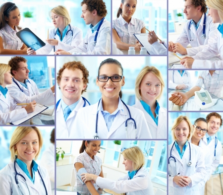 Collage of confident practitioners at work in hospitalの写真素材