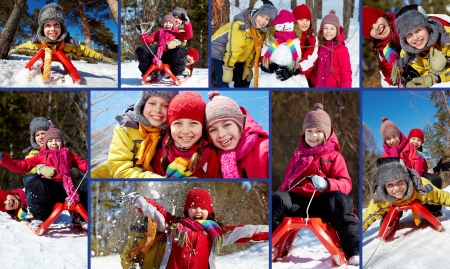 Collage of happy friends in winterwear having fun outsideの写真素材