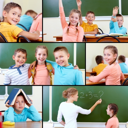 Collage of cute schoolchildren and teacher in classroomの写真素材