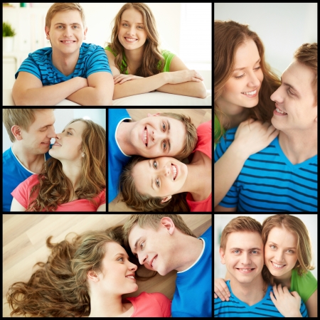 Collage of happy young couple looking at camera and at one anotherの写真素材