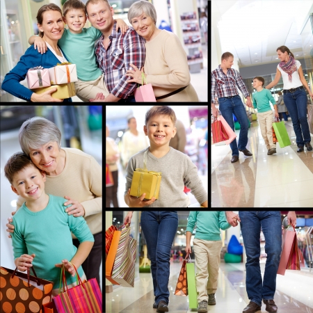 Collage of happy family shoppingの写真素材